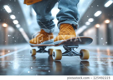 Skateboarder performing tricks in an urban alley while it snows during the winter months in a vibrant city setting 125492223