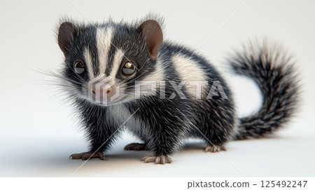 Cute and playful black and white animal with fluffy tail standing on a plain background showcasing its joyful expression and charming features 125492247