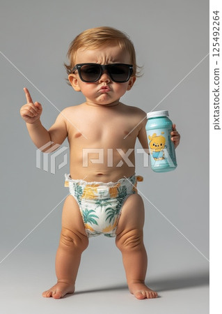 Baby in sunglasses and diaper holds drink while striking a confident pose in a playful studio setting 125492264