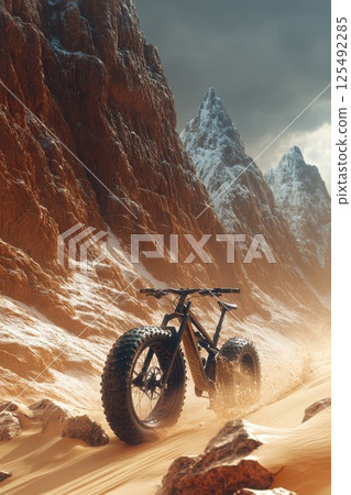 Exploring rugged terrains with a fat bike in a dramatic mountainous landscape during late afternoon hours 125492285