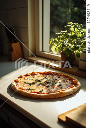 Freshly baked pizza cooling on a kitchen counter with sunlight streaming through a window and a potted basil plant nearby Freshly baked pizza cooling on a kitchen counter with sunlight streaming through a window and a potted basil plant nearby 125492349