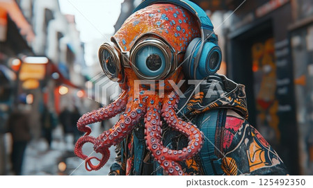 Quirky street performer dressed as an octopus with headphones in a vibrant urban alleyway during the day 125492350