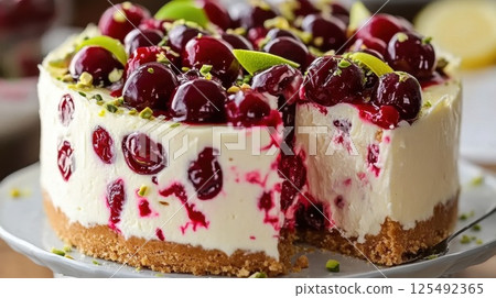 Decadent cherry cheesecake topped with lime slices and pistachios served on a plate, inviting dessert for gatherings or celebrations 125492365
