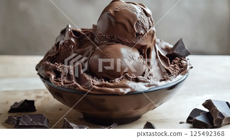 Rich chocolate ice cream served in a black bowl with chocolate squares and shavings enhancing the dessert presentation 125492368