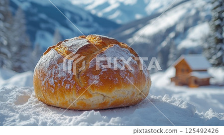 Freshly baked bread sits on pristine snow in a serene mountainous landscape with a cozy cabin in the background under a bright blue sky 125492426