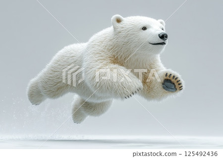 Polar bear leaps playfully in a snowy landscape, showcasing its agile movements and fluffy white fur against a bright backdrop 125492436