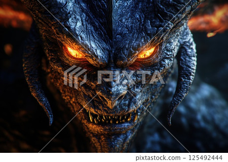Demonic creature with glowing orange eyes and textured skin emerges from dark background in a fantasy setting 125492444