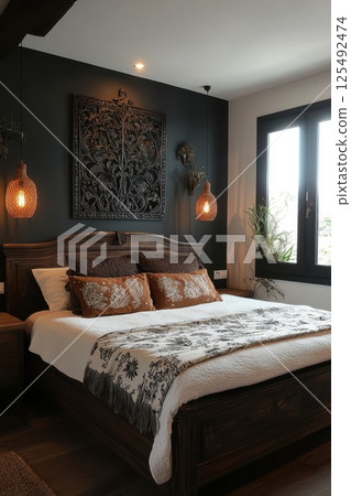 Elegant black bedframe with ornate headboard in a stylish bedroom featuring greenery and natural light during daytime Elegant black bedframe with ornate headboard in a stylish bedroom featuring greenery and natural light during daytime 125492474