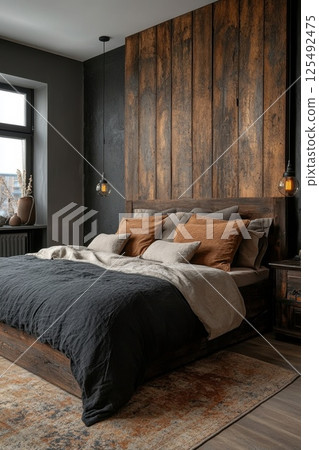 Cozy bedroom with wooden accents and warm lighting in a modern design, featuring a large bed with decorative pillows and rich textures Cozy bedroom with wooden accents and warm lighting in a modern design, featuring a large bed with decorative pillows and rich textures 125492475
