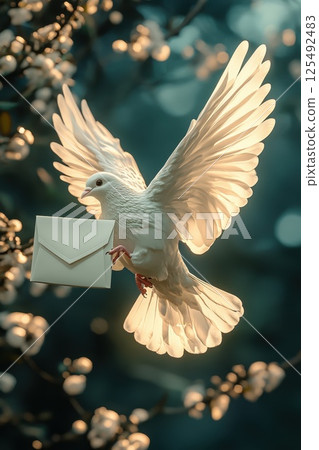 Dove carrying an envelope gracefully flying among blossoming flowers at twilight 125492483
