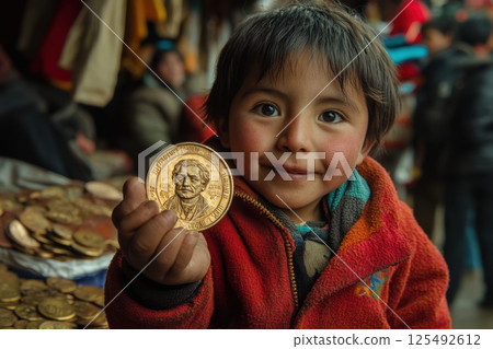 Child in colorful sweater holds up shiny gold coin at a lively market in Peru, surrounded by various goods and vendors under a clear blue sky Child in colorful sweater holds up shiny gold coin at a lively market in Peru, surrounded by various goods and vendors under a clear blue sky 125492612
