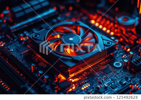 Close-up of a high-performance computer cooling fan amid a vibrant motherboard featuring intricate circuitry illuminated by red and blue lights in a tech-focused environment Close-up of a high-performance computer cooling fan amid a vibrant motherboard featuring intricate circuitry illuminated by red and blue lights in a tech-focused environment 125492628