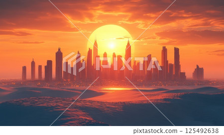 Stunning sunset casts a golden glow over a futuristic city skyline by the water 125492638