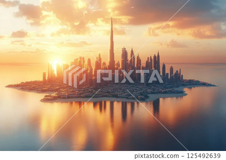 Sunset over the Dubai skyline showcasing iconic skyscrapers with vibrant colors reflecting on the water, creating a breathtaking urban landscape in early evening light 125492639