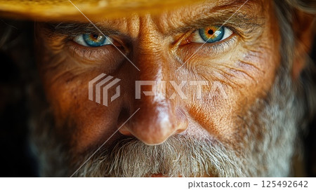 Elderly man with striking blue eyes and a weathered face beneath a wide-brimmed hat showcases a life of resilience and wisdom in a rural setting 125492642
