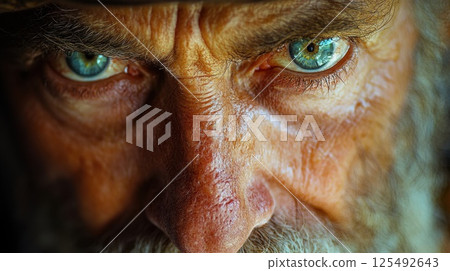 Eyes that tell a story in close-up of an older man's intense gaze with a weathered face under a wide-brimmed hat 125492643
