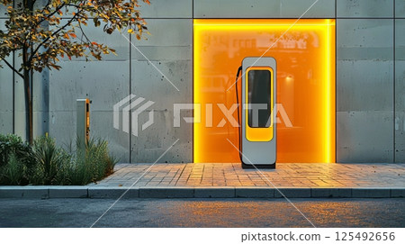 Modern electric vehicle charging station stands outside a city building at night. Modern electric vehicle charging station stands outside a city building at night. 125492656