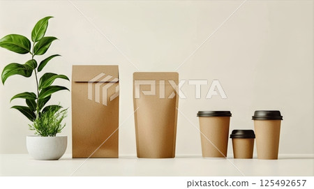 Eco-friendly coffee packaging mockup with kraft paper bags and cups. 125492657
