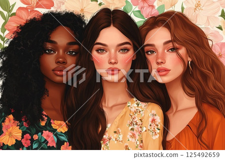 Three diverse young women pose together in front of a floral background showcasing unity and beauty in a vibrant, artistic setting Three diverse young women pose together in front of a floral background showcasing unity and beauty in a vibrant, artistic setting 125492659