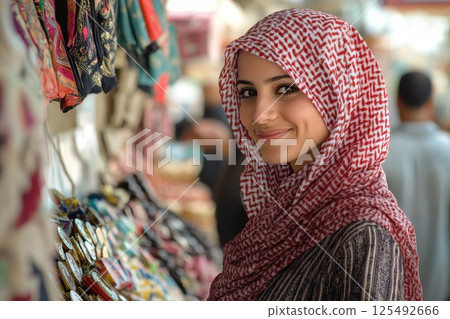 Smiling woman in traditional attire browsing colorful textiles at a bustling market, showcasing local culture and craftsmanship in the middle of the day 125492666
