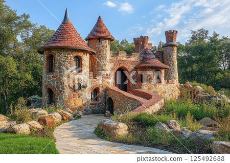 Beautiful stone castle surrounded by greenery and flowers in a serene landscape on a sunny day with blue skies Beautiful stone castle surrounded by greenery and flowers in a serene landscape on a sunny day with blue skies 125492688