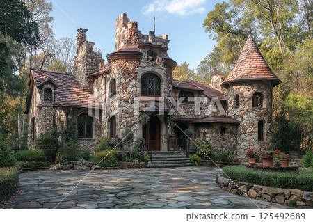 Charming stone cottage surrounded by nature with turrets and inviting atmosphere in a serene forest setting during the daytime Charming stone cottage surrounded by nature with turrets and inviting atmosphere in a serene forest setting during the daytime 125492689