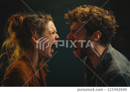 Intense emotional confrontation captured in a dimly lit space during an evening, showcasing two individuals engaged in a passionate argument Intense emotional confrontation captured in a dimly lit space during an evening, showcasing two individuals engaged in a passionate argument 125492690