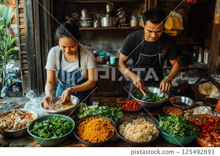 Local chefs preparing traditional cuisine at a bustling market in Southeast Asia during the early morning hours 125492691