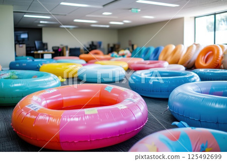 Colorful inflatable rings scattered in a bright office space create a fun atmosphere for a team-building event in the afternoon 125492699