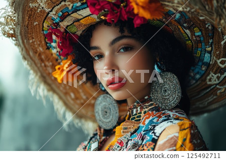 Vibrant woman in a colorful sombrero adorned with flowers showcases cultural beauty during a sunny afternoon in a lively outdoor setting 125492711