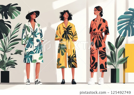 Three fashionable models showcase vibrant tropical prints in a modern indoor setting filled with lush greenery in bright daylight 125492749