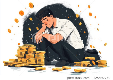 Young man sits amidst piles of gold coins, reflecting on financial struggles and aspirations in a stylized digital artwork 125492750