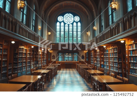 Beautiful historic library with wooden furniture, large windows, and peaceful atmosphere, perfect for studying or reading, located in a serene environment during the afternoon Beautiful historic library with wooden furniture, large windows, and peaceful atmosphere, perfect for studying or reading, located in a serene environment during the afternoon 125492752