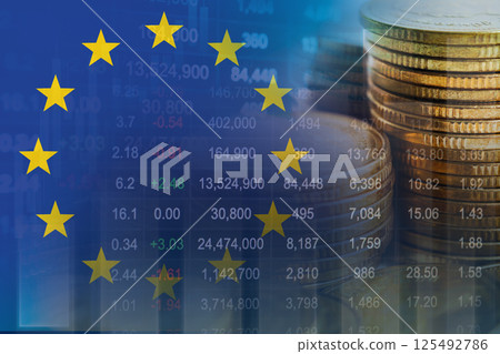 EU flag with stock market finance, economy trend graph digital technology. 125492786