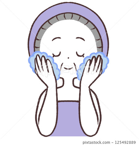 一位老年婦女洗臉的插圖 125492889