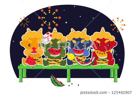 A background illustration of colorful demons eating watermelon with fireworks in the background A background illustration of colorful demons eating watermelon with fireworks in the background 125492907