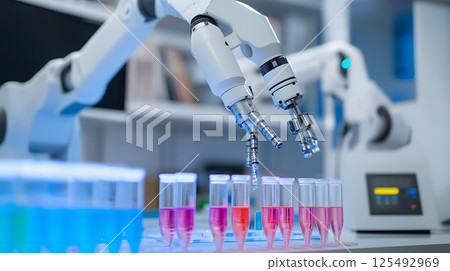 Biotech lab with robotic arms manipulating DNA samples 125492969