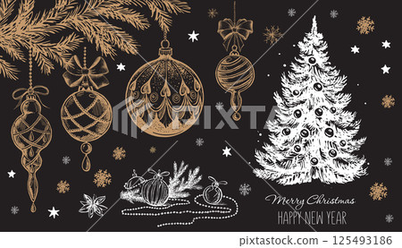 Christmas tree, toys, hand drawn style, vector illustration Christmas tree, toys, hand drawn style, vector illustration 125493186