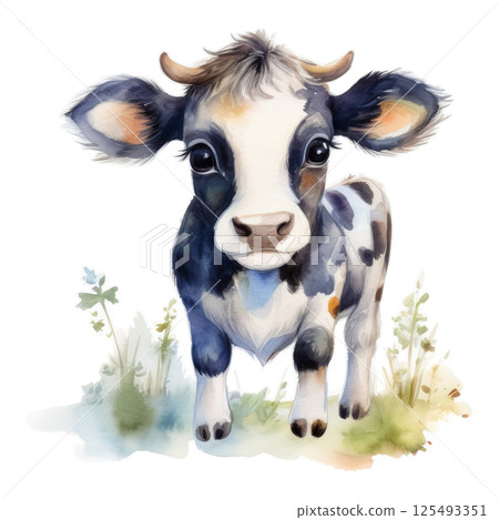 Cute black and white Holstein cow watercolor illustration 2 / flyer and poster material 125493351