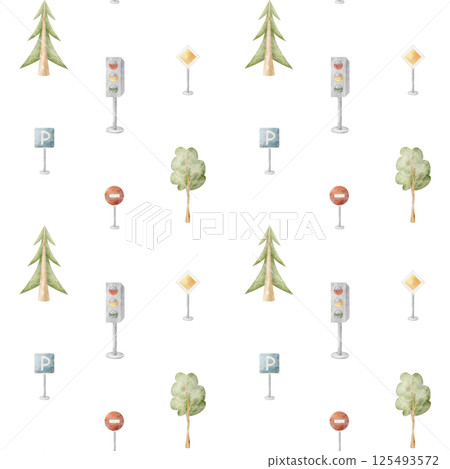Pattern road signs, traffic lights, trees, fir tree, forest. Watercolor illustration hand-drawn in cartoon style. Seamless print children on background for fabric design, packaging, wallpaper, clothes 125493572