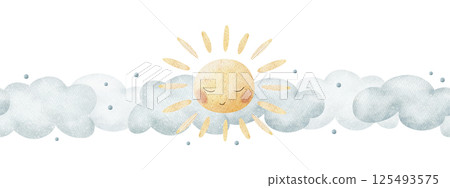 Watercolor illustrations border blue clouds, cute sun. Banner seamless in cartoon pastel color hand drawn for design of cards for newborns, invitations for childbirth, holidays, printing, wallpaper Watercolor illustrations border blue clouds, cute sun. Banner seamless in cartoon pastel color hand drawn for design of cards for newborns, invitations for childbirth, holidays, printing, wallpaper 125493575