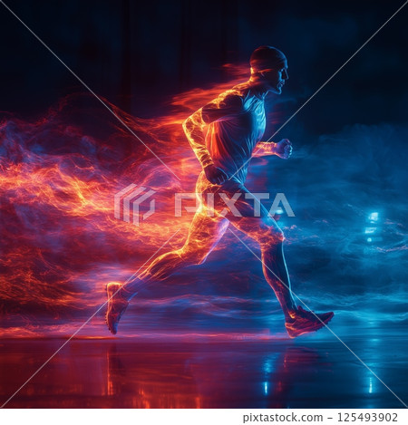 Futuristic runner with fiery and icy energy effects in motion 125493902