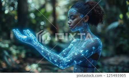 Woman with glowing digital body in a forest 125493905
