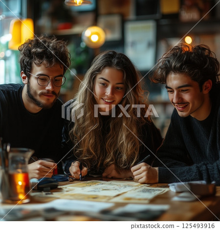 Smiling creative team working on sketches in a cozy studio 125493916