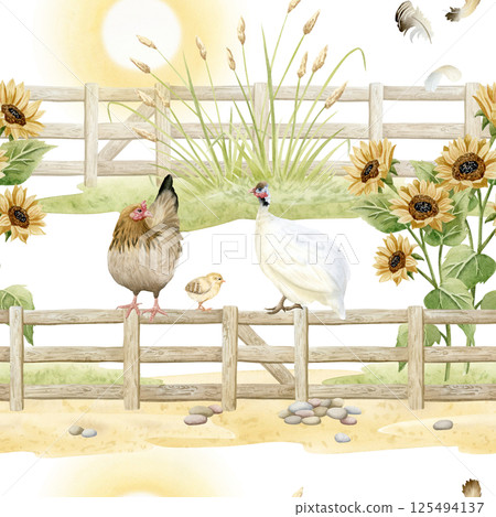 Farm chickens and guinea fowl sitting on wooden fence with sun and sunflowers watercolor seamless pattern on white. Rustic countryside landscape background. Rural wooden village scene 125494137