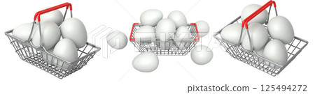Wire baskets filled with eggs, isolated on white transparent background, concept of kitchen storage Wire baskets filled with eggs, isolated on white transparent background, concept of kitchen storage 125494272