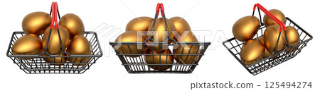 Wire baskets filled with eggs, isolated on white transparent background, concept of kitchen storage 125494274