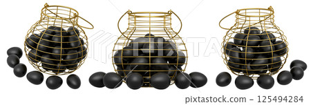 Wire baskets filled with eggs, isolated on white transparent background, concept of kitchen storage Wire baskets filled with eggs, isolated on white transparent background, concept of kitchen storage 125494284