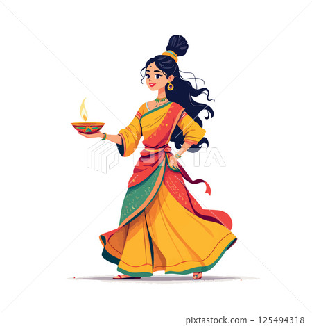 Vsai indian woman holding diya oil lamp celebrating diwali festival 125494318