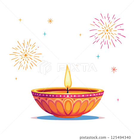 Vsai diwali festive oil lamp burning with fireworks celebrating light over darkness 125494340